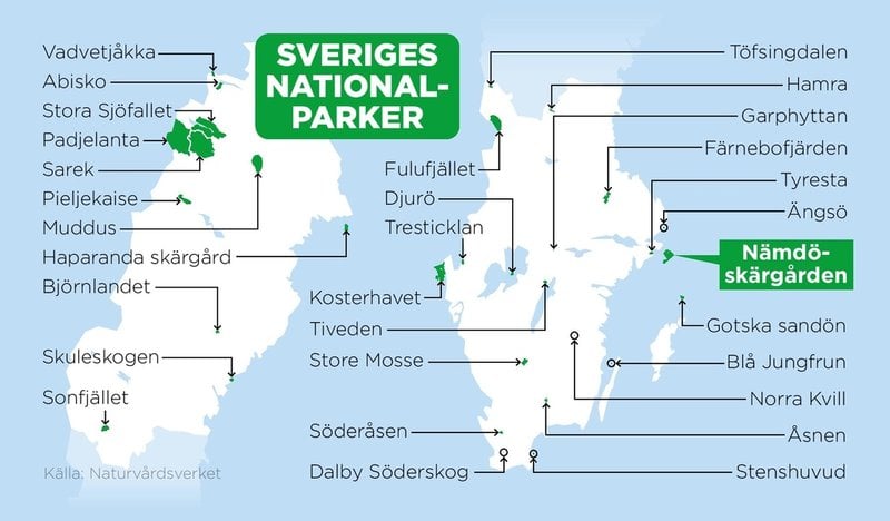 Den nyligen invigda Nämdöskärgårdens nationalpark blir Sveriges trettioförsta nationalpark och den andra marina. Den första är Kosterhavets nationalpark som invigdes 2009.