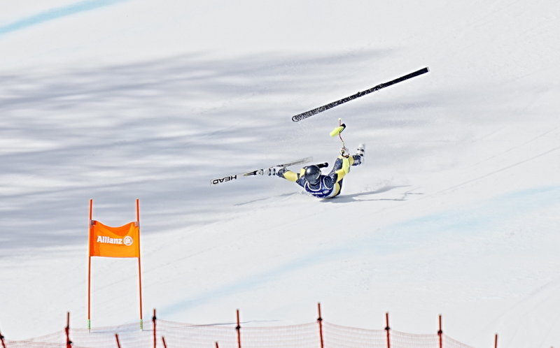 Aaron Lindström under kraschen i Paralympics super-G. Arkivbild.