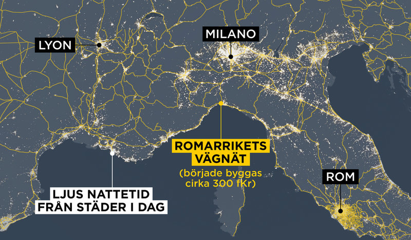 Kartan visar hur ljusen från dagens städer nattetid och det romerska vägnätet sammanfaller.