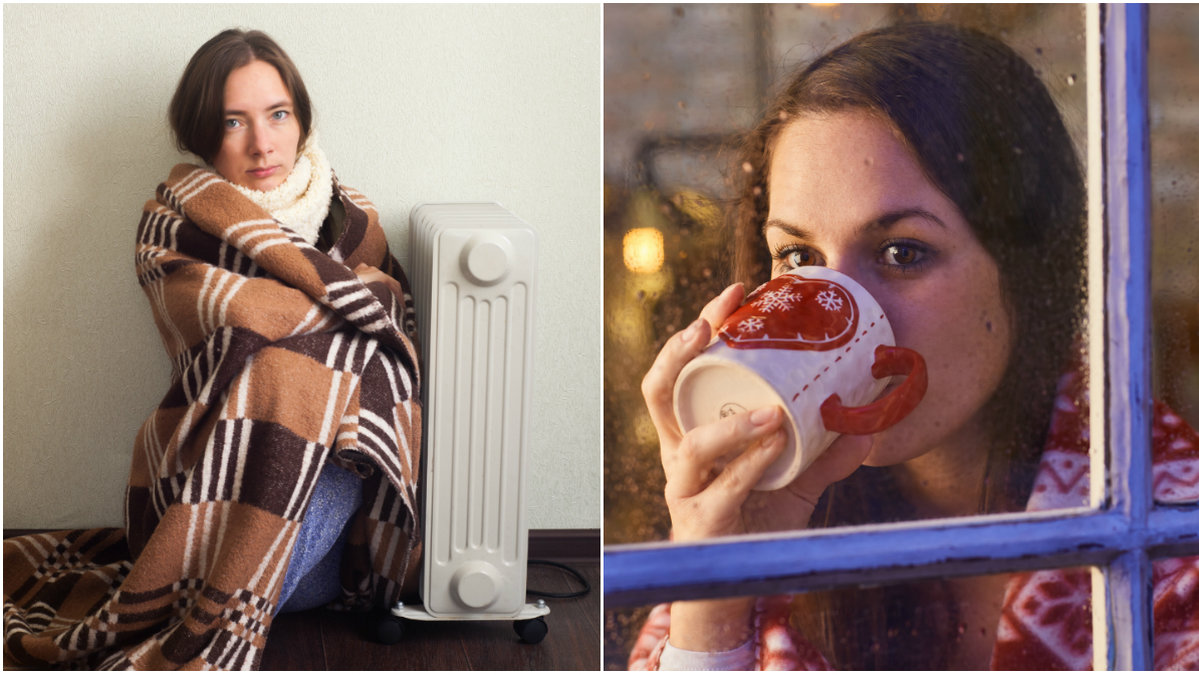 Kvinna som fryser och kvinna som dricker te
