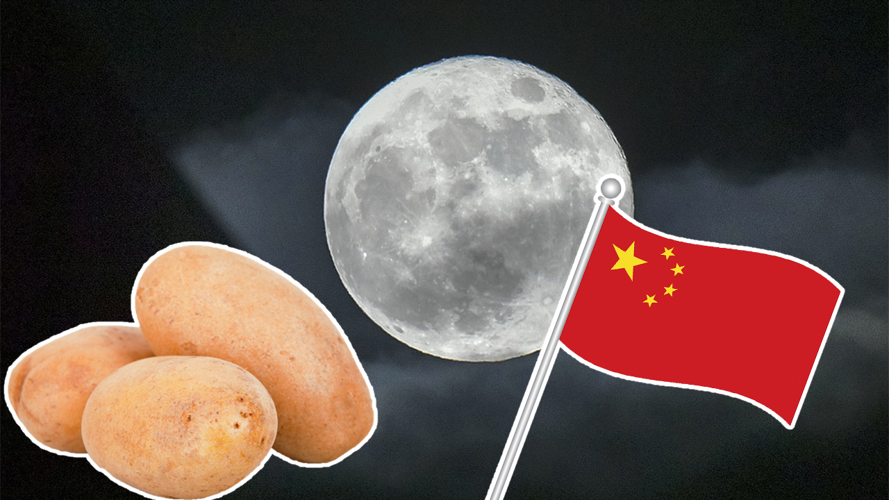 tre potatisar, en måne, en röd, kinesisk flagga