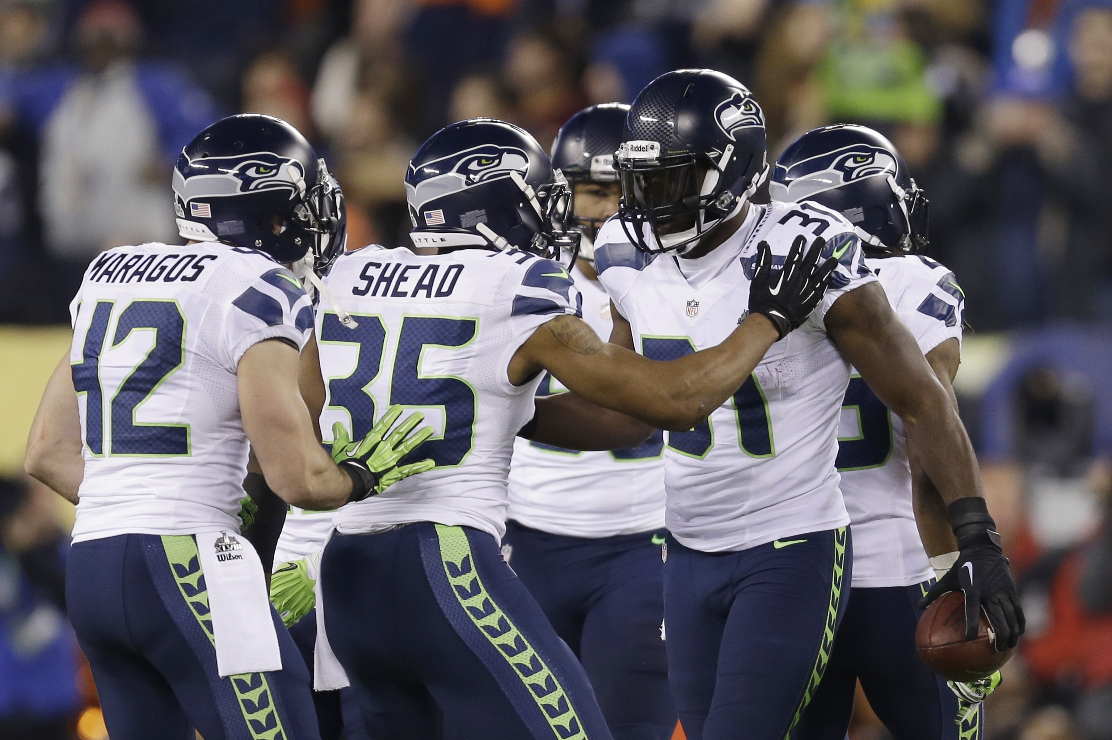 Seattle Seahawks spelare firar. Seattle Seahawks spelare firar.