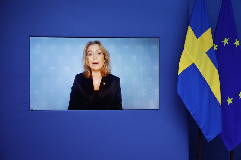 Klimat- och miljöminister Annika Strandhäll (S) håller en digital pressträff om slutförvaret av använt kärnbränsle.