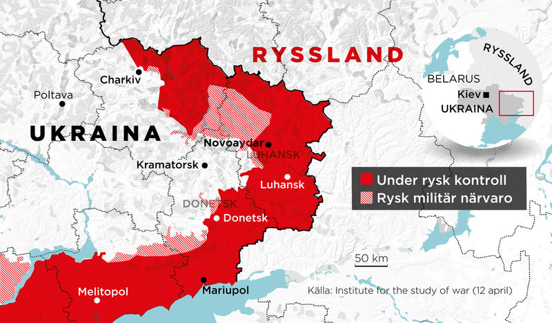Landområden i östra Ukraina under rysk kontroll samt områden med rysk militär närvaro.