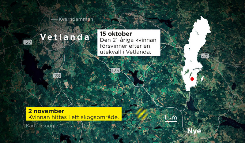 Webbkarta som visar skogsområdet där den 21-årige kvinnan hittades.