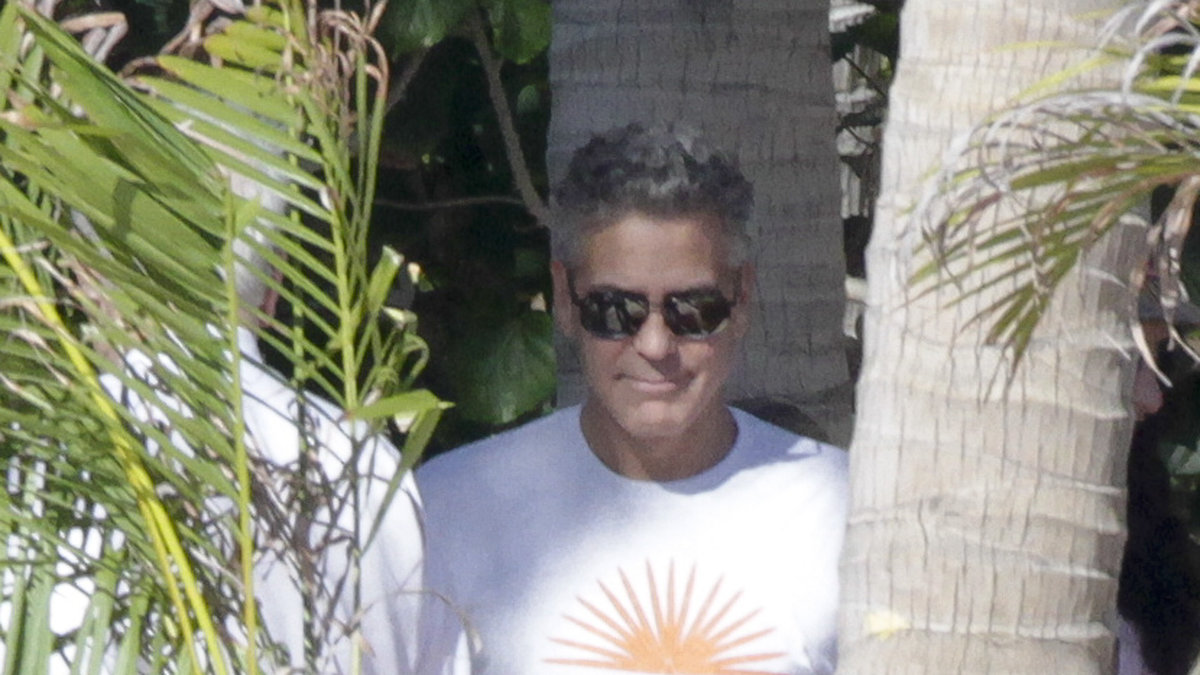 Superstjärnan George Clooney gömmer sig bakom ett träd, vi hoppas att det inte är på grund av badshortsen och t-shirten...