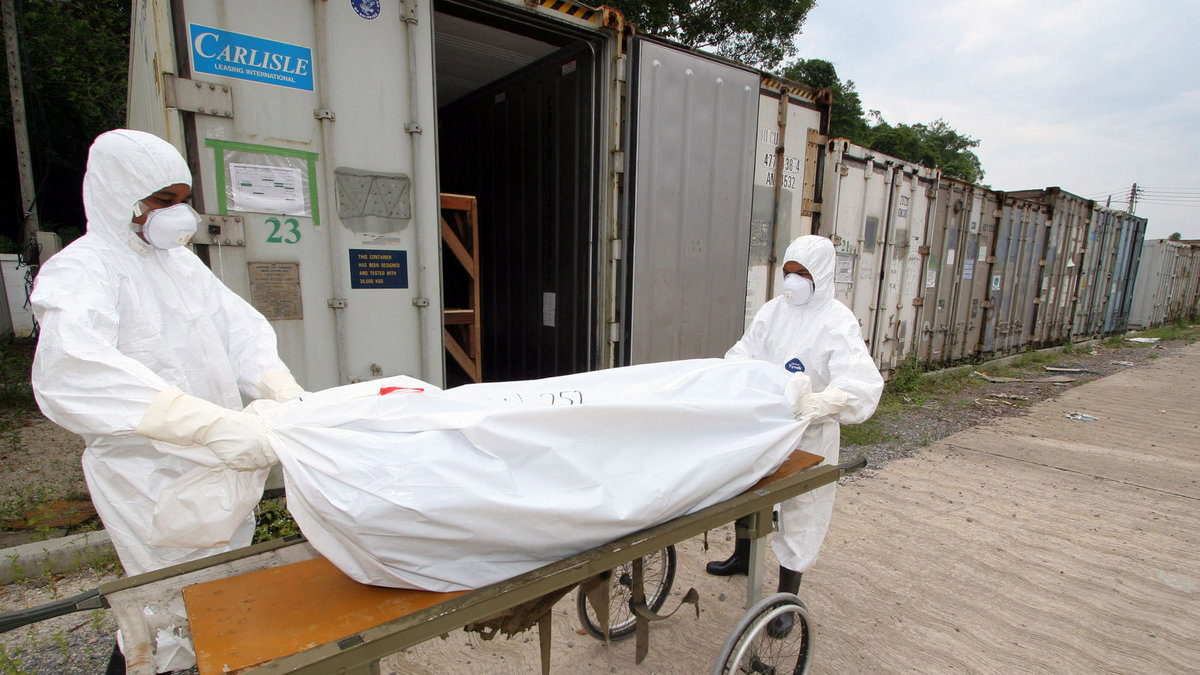 Vårdarbetare transporterar kroppar från en container innan de massbegravs utanför Khao Lak, Thailand.
