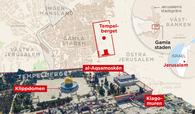Kartan visar Tempelberget/al-Haram al-Sharif i Jerusalem med Klippdomen, al-Aqsamoskén och Klagomuren.