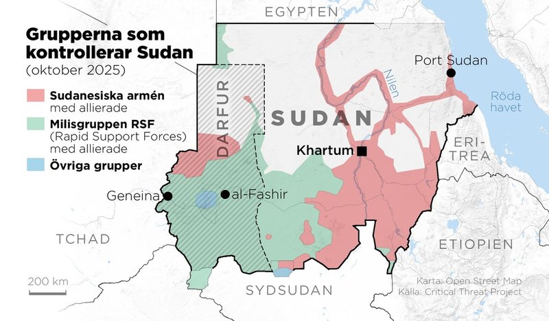 Kartan visar vilka delar av Sudan som är under den sudanesiska arméns kontroll och vilka delar som kontolleras av milisgruppen RSF.