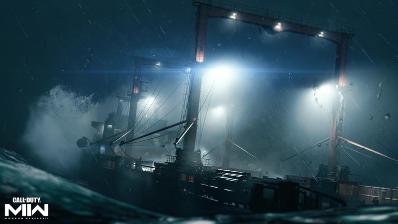 En oljeplattform och ett containerfartyg förekommer på banan 'Deep water', där Infinity Ward har arbetat med en ny vattenteknik. Pressbild.