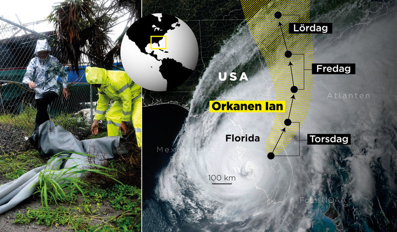 Orkanens troliga väg torsdag–lördag.