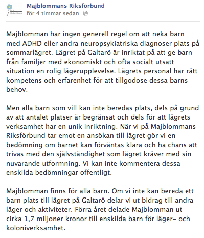 Majblommans Riksförbund förklaring publicerades igår på deras Facebooksida.