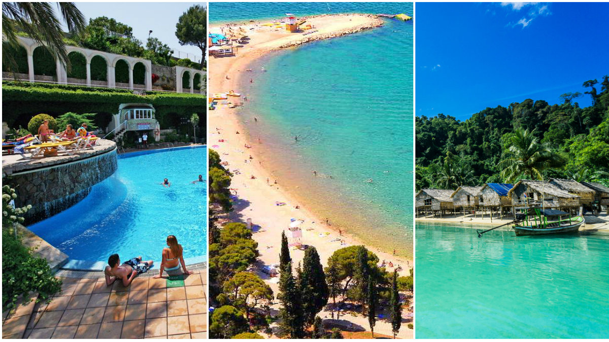 Pool i Spanien, lång strand i Kroatien och blått vatten i Thailand