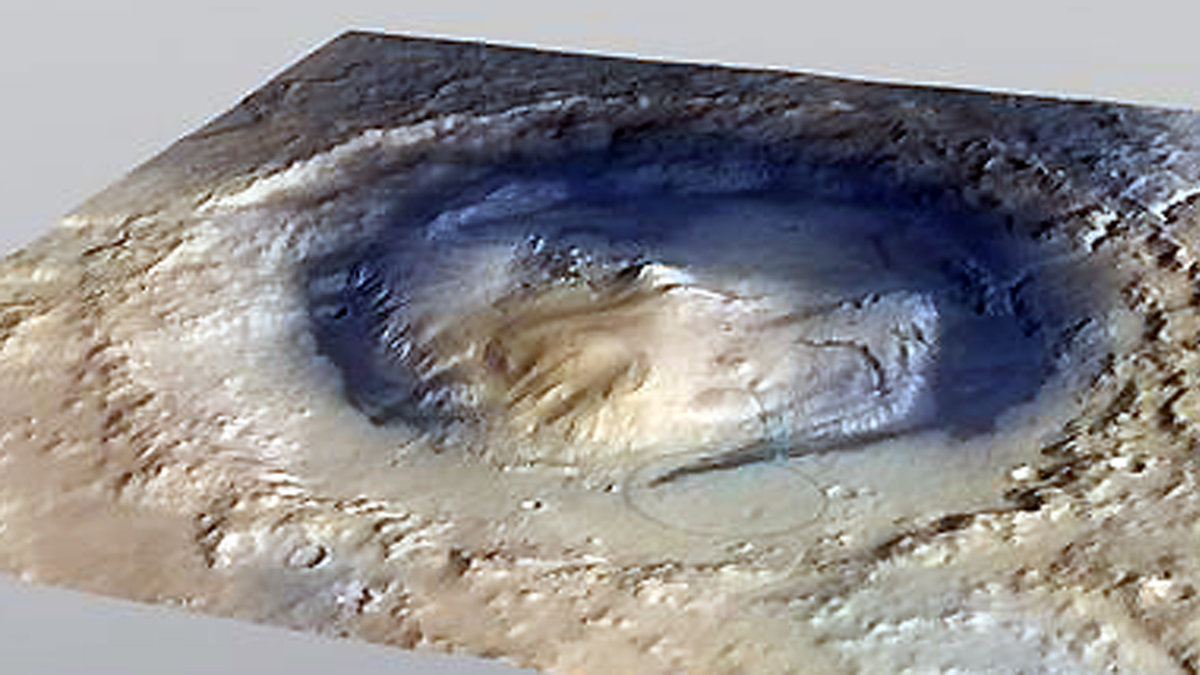 Kratern där Curiositys ska landa, närmare bestämt i det inringade området