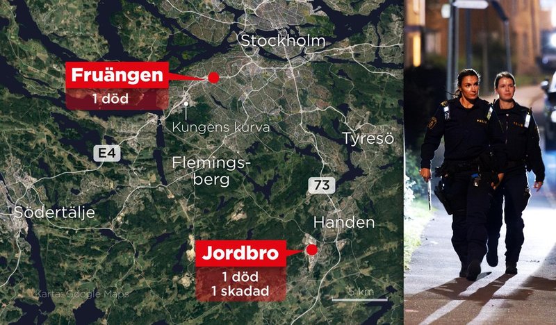Kartan visar Fruängen och Jordbro söder om Stockholm där totalt två personer sköts till döds och en skottskadades under det senaste dygnet.