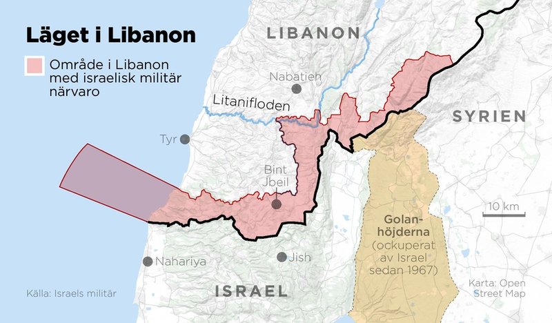 Kartan visar det område i södra Libanon där Israel har militär närvaro.