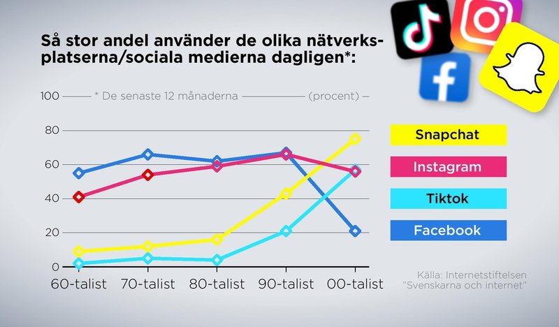 Så stor andel har använt de olika nätverksplatserna/sociala medierna dagligen det senaste året.