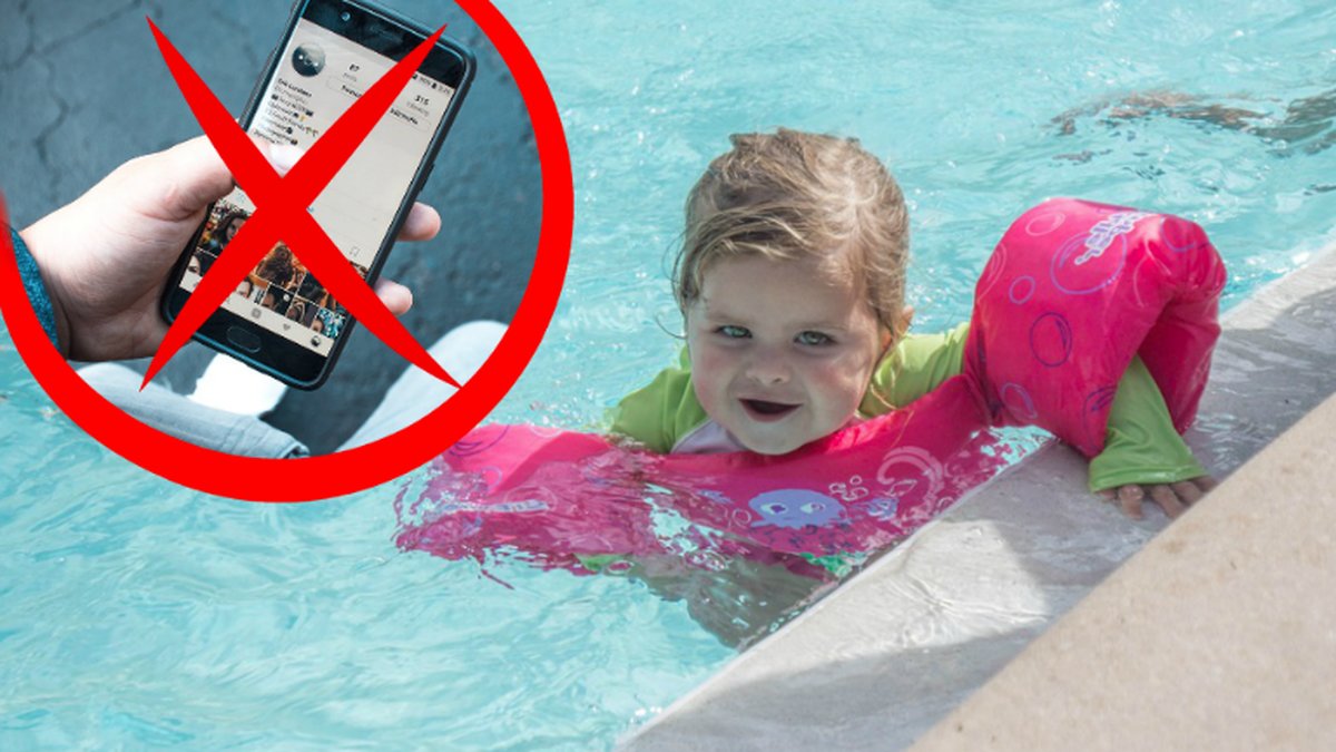 Kryss över en smartphone och ett barn som badar i en pool