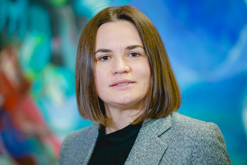 Belarusiska förra presidentkandidaten Svetlana Tichanovskaja under ett besök i Oslo i våras. Arkivbild.