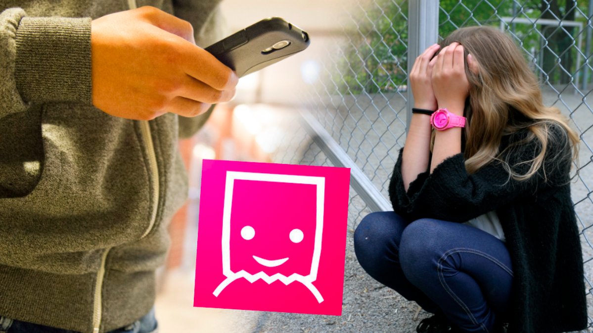 Ett barn håller i en mobil – till höger ett gråtande barn. I mitten Tellonyms rosa logga. Kollage. 