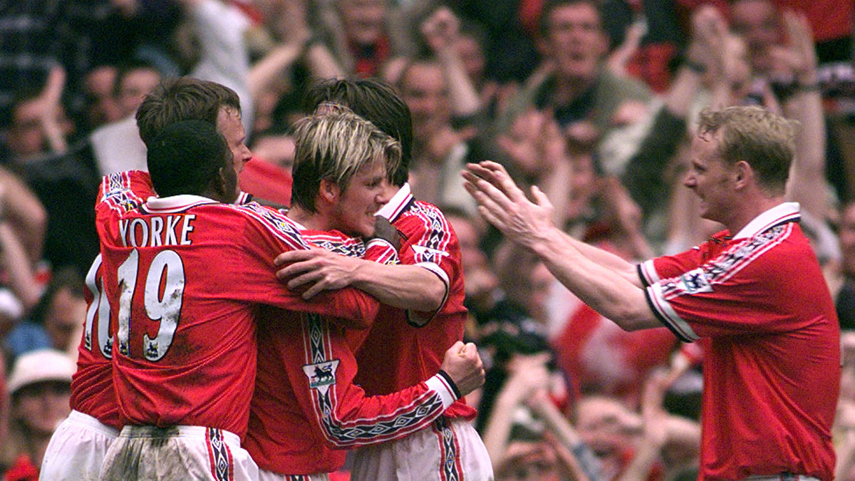 I Manchester United var han dock älskad. Här är Uniteds supersäsong 1999 där man vann Premier League, Champions League och FA-cupen. 
