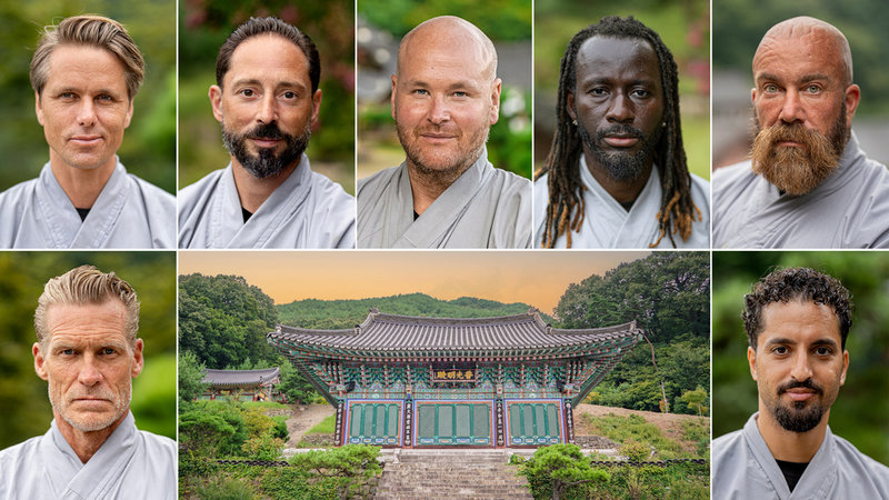 Deltagarna i "Shaolin heroes" i SVT: Jon Olsson, Matias Varela, Johan Jureskog, Pa Modou Badjie, Jan Emanuel, Johan Mjällby och Filip Dikmen. Foto: Lasse Winsløw Haynes/SVT