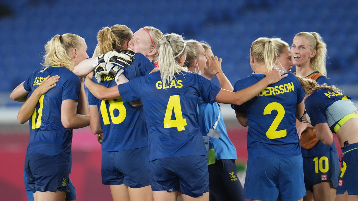 Landslaget jublar efter seger i måndagens semifinal i damernas fotboll mellan Australien och Sverige under under sommar-OS i Tokyo.