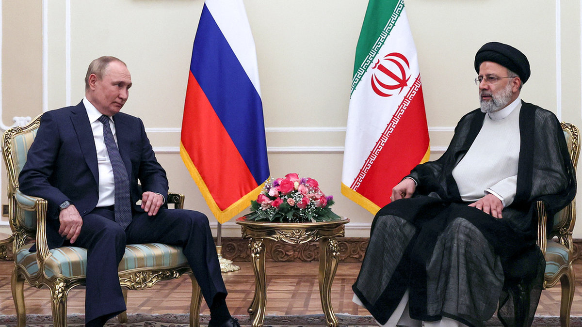Rysslands president Vladimir Putin och Irans president Ebrahim Raisi i Saadabadpalatset i Teheran.