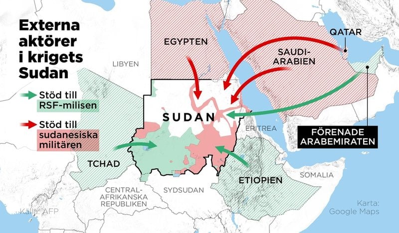 Flera länder i Sudans närhet pekas ut som stödnationer i konflikten mellan den sudanesiska militären och milisen RSF.