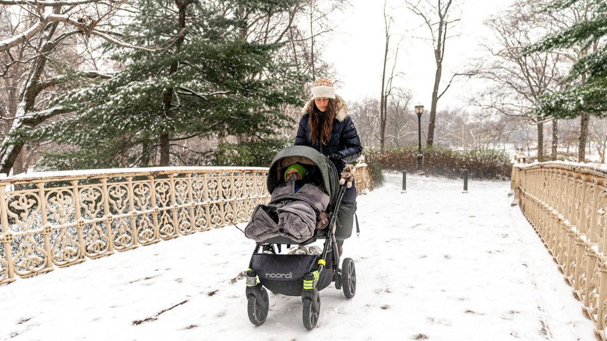 En kvinna drar barnvagn genom snön i Central Park, New York.