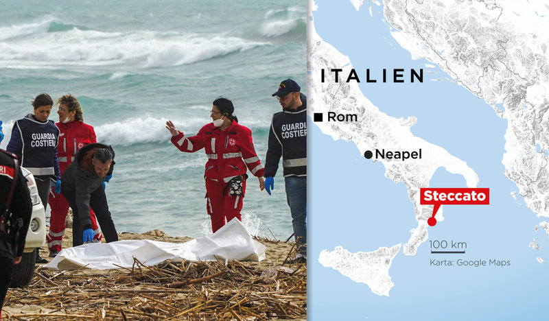 Italiens kustbevakning fortsätter under måndagen att leta efter överlevande på stranden och i vattnet i Kalabrien i södra Italien efter att en båt med migranter kapsejsat i helgen.