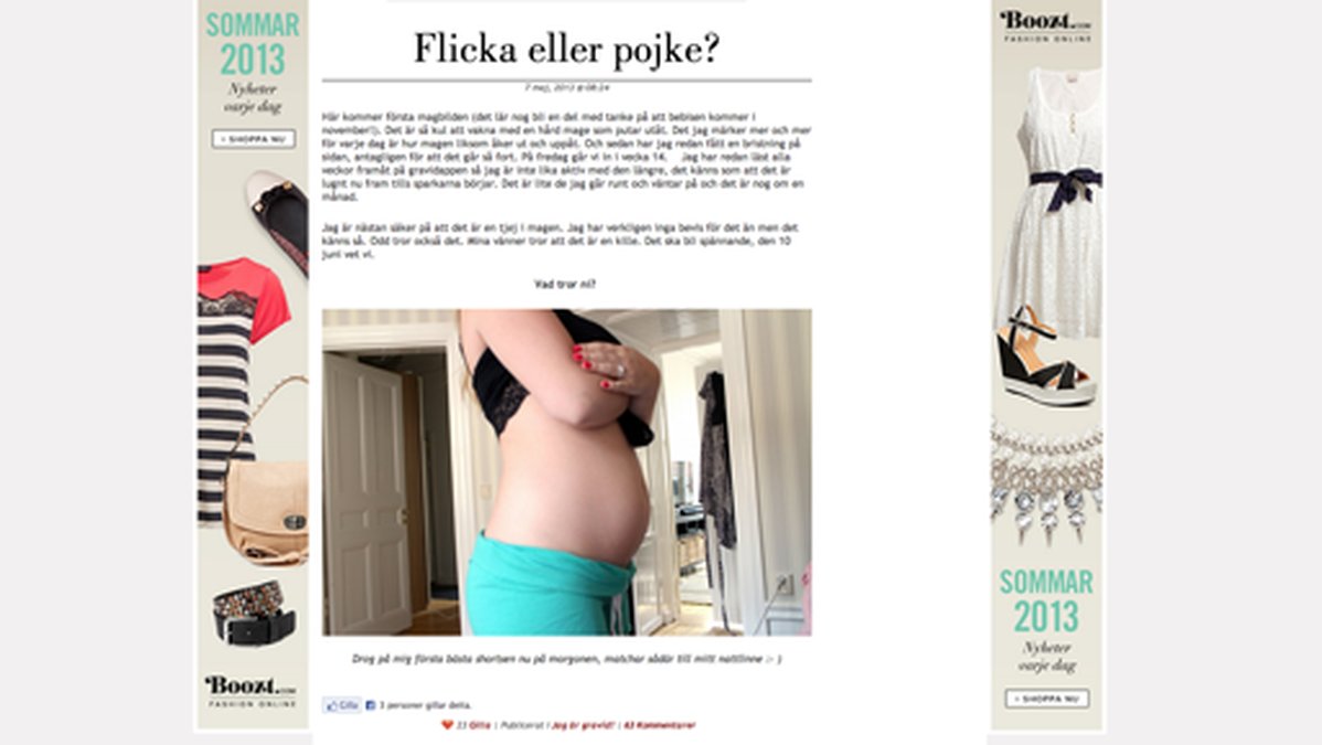 Här visar hon upp magen på sin blogg blondinbella.se