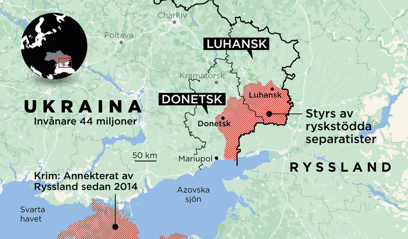 Länen Donetsk och Luhansk i östra Ukraina, med utbrytarrepublikerna och den annekterade Krimhalvön i rött.