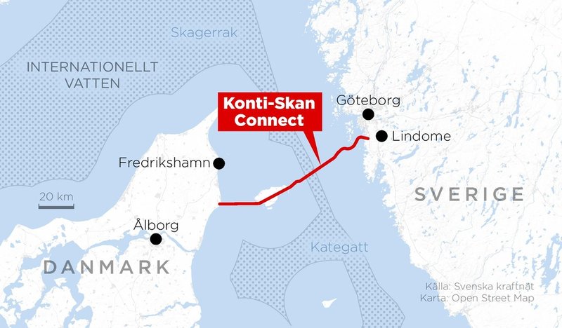 Kartan visar sträckningen för Konti-Skan Connect mellan Sverige och Danmark.
