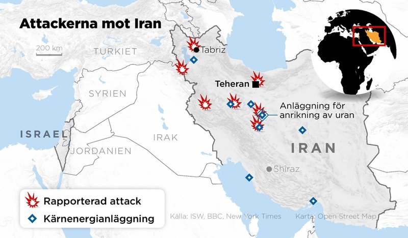 Kartan visar platser i Iran där israeliska attacker rapporterats i de första anfallsvågorna, samt kärnenergianläggningar i Iran.