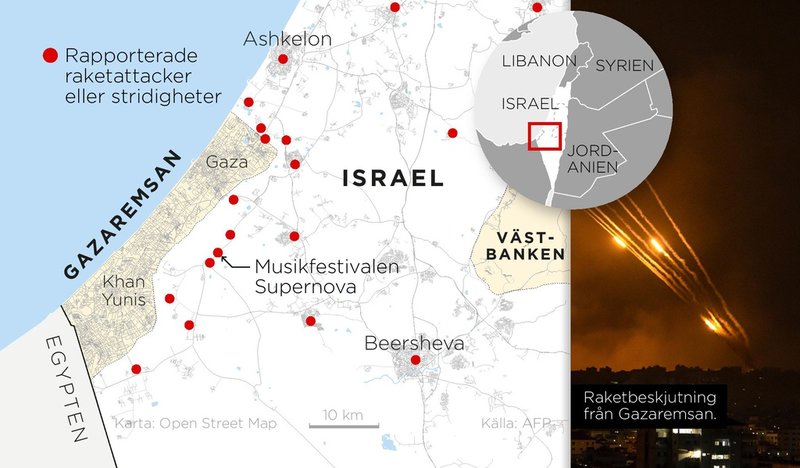 Kartan visar rapporterade raketattacker och stridigheter sedan Hamas inledde sin attack mot Israel.