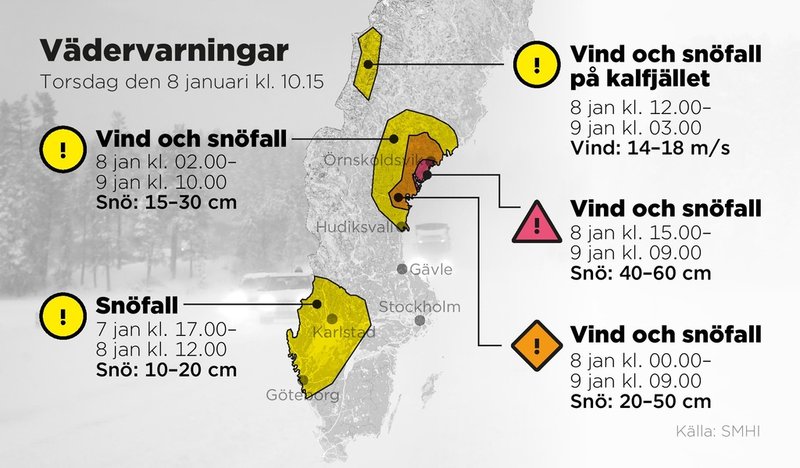 SMHI:s vädervarningar den 8 januari. Foto: Anders Humlebo/TT