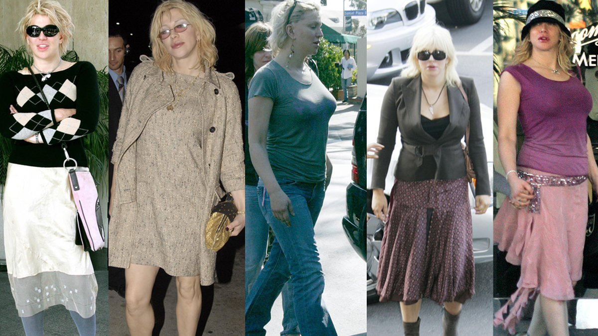 Courtney Love må vara grungens urmoder, men hennes kläder påminner mer om nån galleritant med godisar i öronen och klädkonto på Gudrun Sjödén.