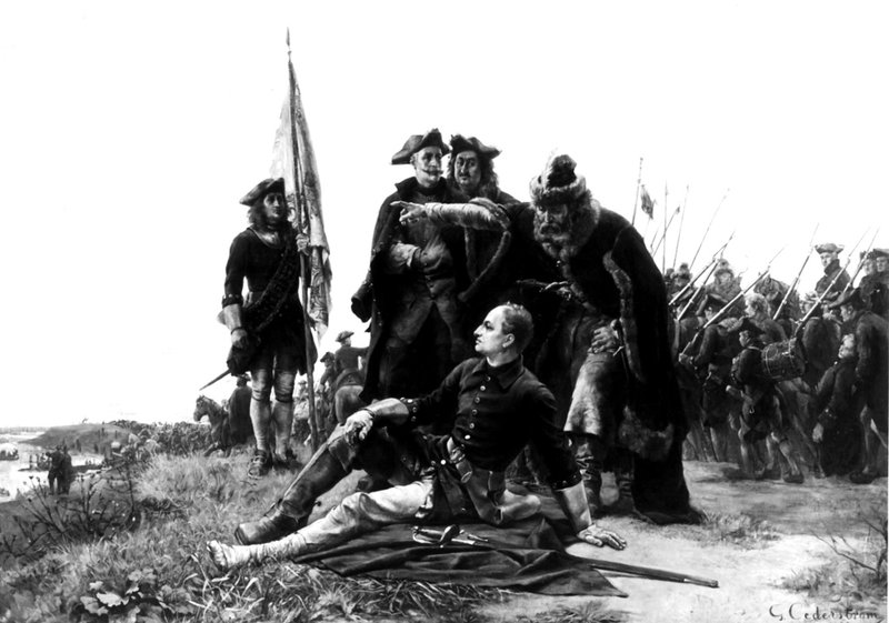 Ivan Mazepa berättar något för den svenske kungen Karl XII i denna scen från Ukraina sommaren 1709. Målningen är dock gjord långt senare, av konstnären Gustaf Cederström 1880.