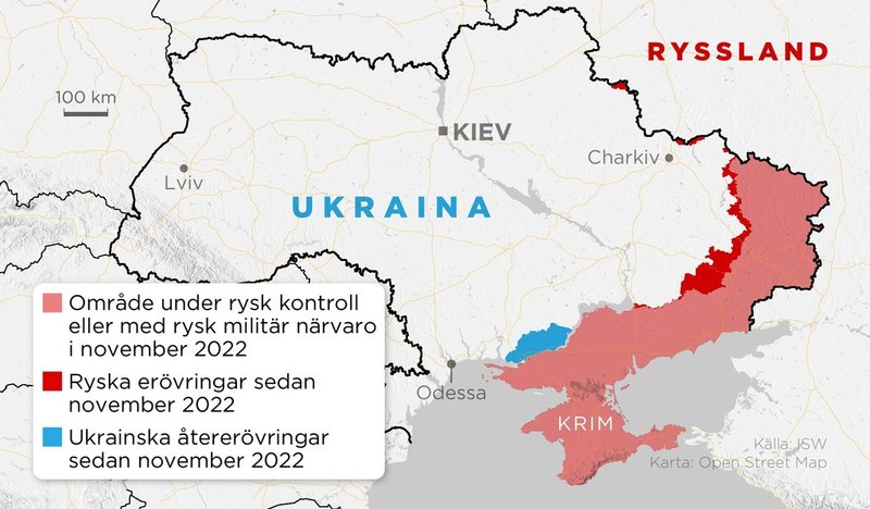 Ryska erövringar och ukrainska återerövringar i Ukraina sedan november 2022.