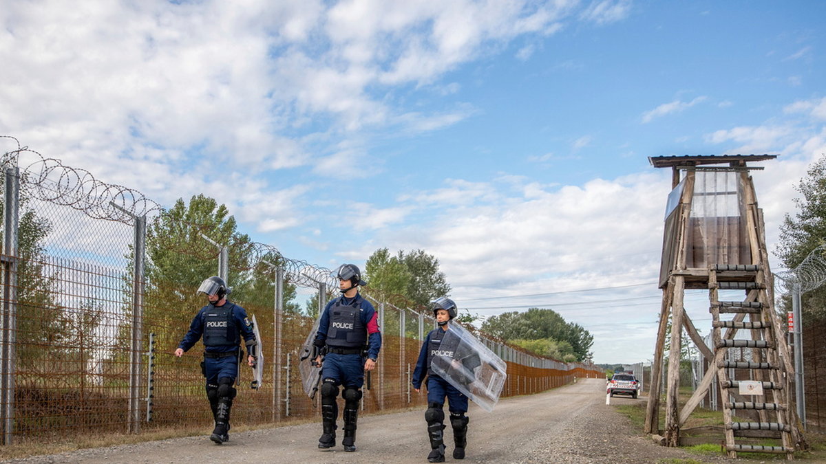 Ungerska poliser patrullerar vid ett stängsel som löper längs med gränsen mellan Ungern och Serbien. Arkivbild.