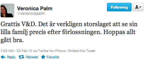 "Grattis V&D. Det är verkligen storslaget att se sin lilla familj precis efter förlossningen. Hoppas allt gått bra." "Grattis V&D. Det är verkligen storslaget att se sin lilla familj precis efter förlossningen. Hoppas allt gått bra."