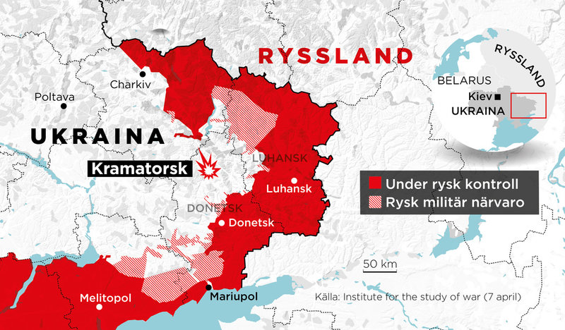 Områden under rysk kontroll samt områden med rysk militär närvaro, 24 februari–7 april.