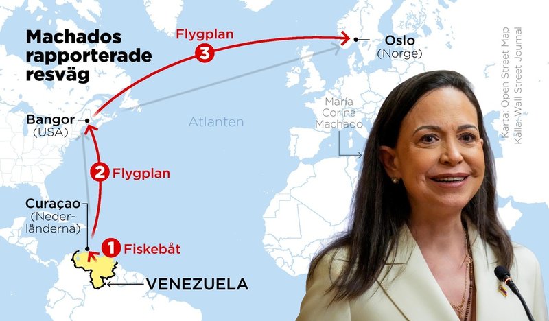 María Corina Machados rapporterade resväg från Venezuela till Norge, via Curaçao och med mellanlandning USA.