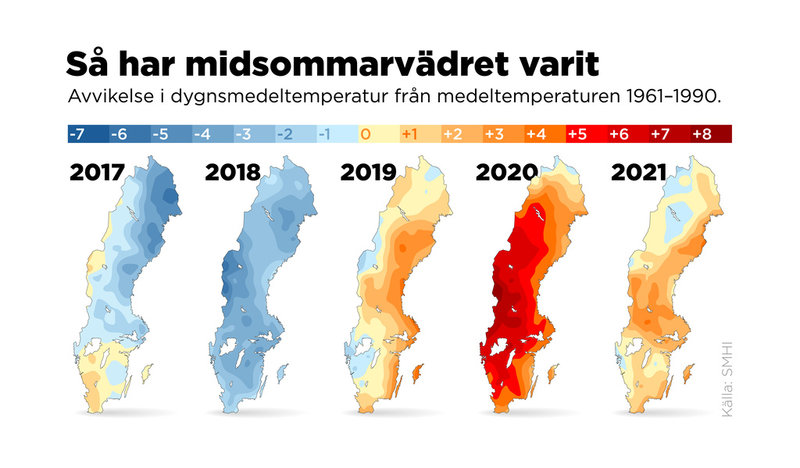 Avvikelse i dygnsmedeltemperatur från medeltemperaturen 1961–1990.