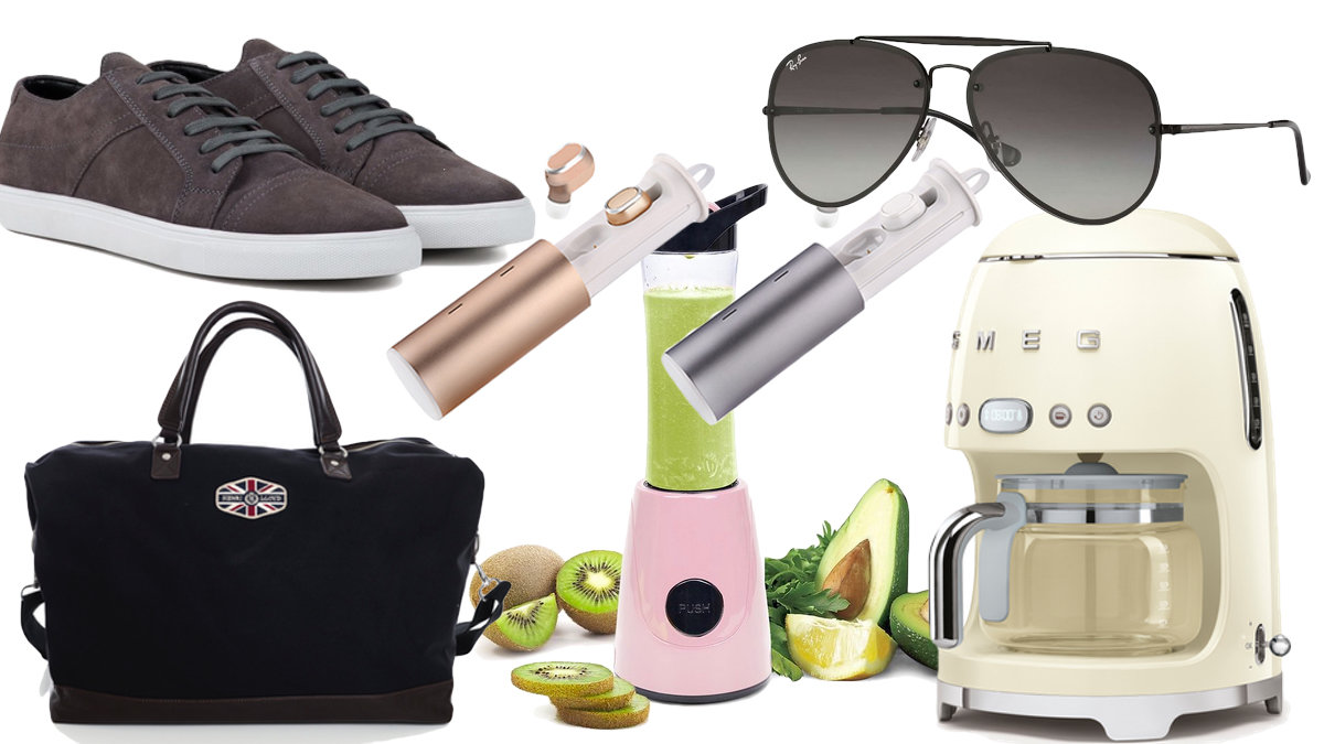 Weekendbag, sneakers i mocka, smoothiemixer, Ray-bans, smeg-kaffebryggare, trådlösa hörlurar