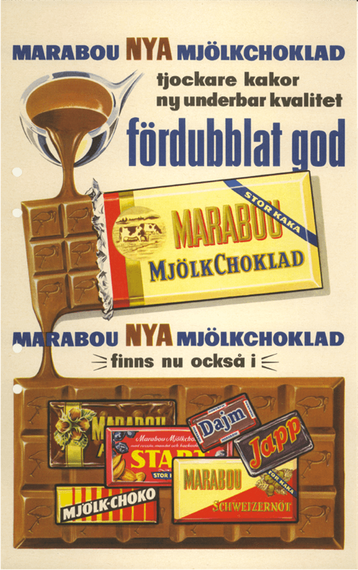 Reklambild för Marabous nya mjölkchoklad 1957. Reklambild för Marabous nya mjölkchoklad 1957.
