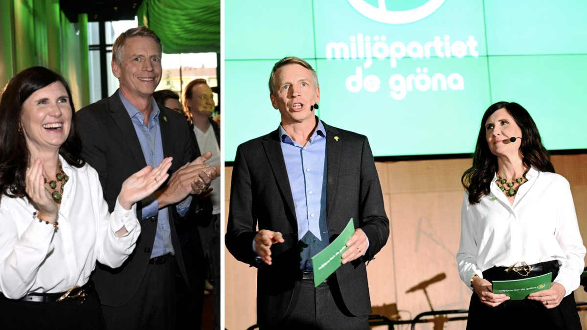 Miljöpartiets språkrör Märta Stenevi (MP) och Per Bolund (MP) Miljöpartiets valvaka