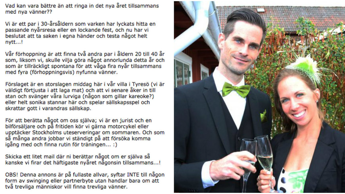 Christopher Svensson och Therése Ädling lade ut en annons på blocket för att hitta andra par att nyår med. 
