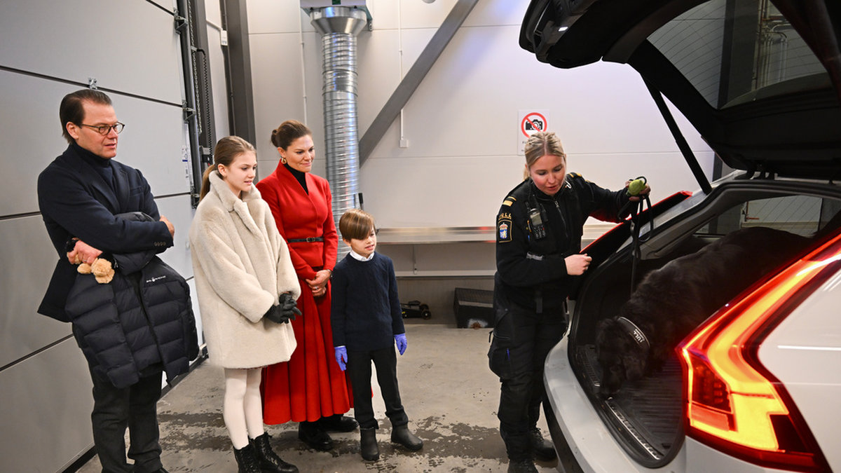 Kronprinsessfamiljen ser på när sökhunden Vittra inspekterar bakluckan på en personbil.